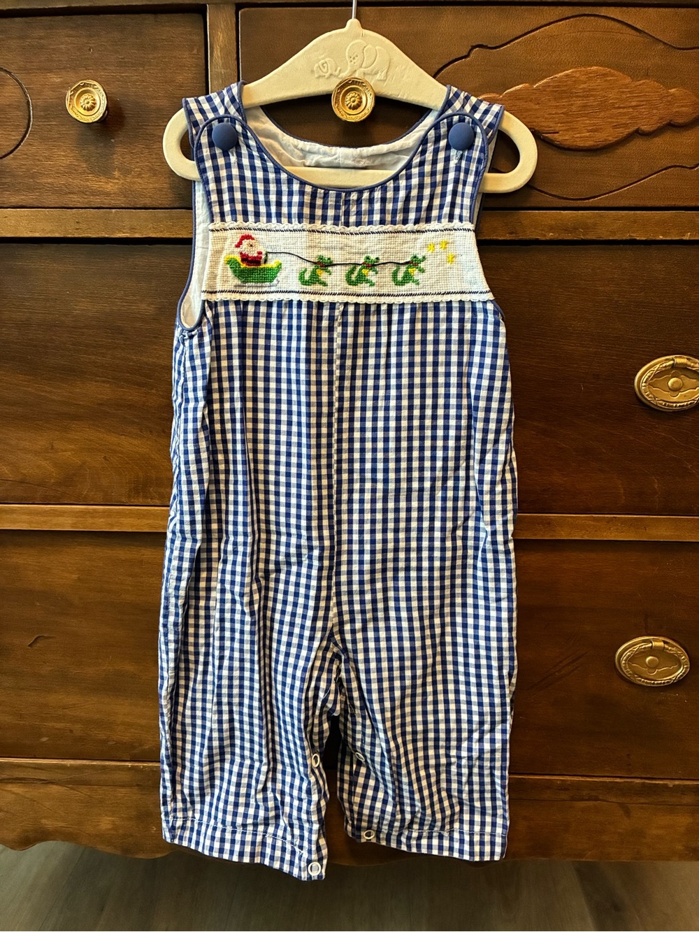 Blue Gingham Smocked Romper with Frog Embroidery